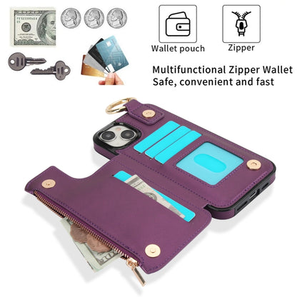 For iPhone 15 RFlD Anti-theft Double Buckle Ring Zipper Card Phone Case(Dark Purple) - iPhone 15 Cases by buy2fix | Online Shopping UK | buy2fix