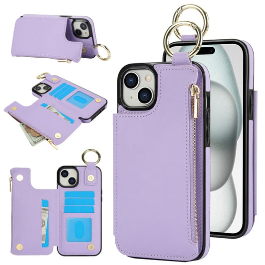 For iPhone 15 RFlD Anti-theft Double Buckle Ring Zipper Card Phone Case(Purple) - iPhone 15 Cases by buy2fix | Online Shopping UK | buy2fix