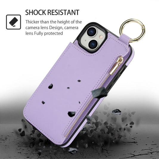 For iPhone 15 RFlD Anti-theft Double Buckle Ring Zipper Card Phone Case(Purple) - iPhone 15 Cases by buy2fix | Online Shopping UK | buy2fix