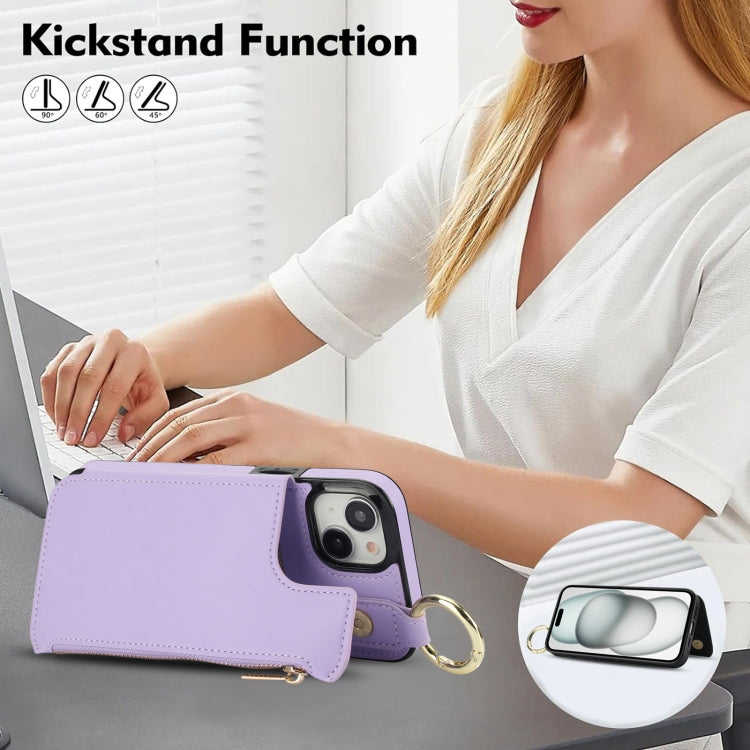 For iPhone 15 RFlD Anti-theft Double Buckle Ring Zipper Card Phone Case(Purple) - iPhone 15 Cases by buy2fix | Online Shopping UK | buy2fix