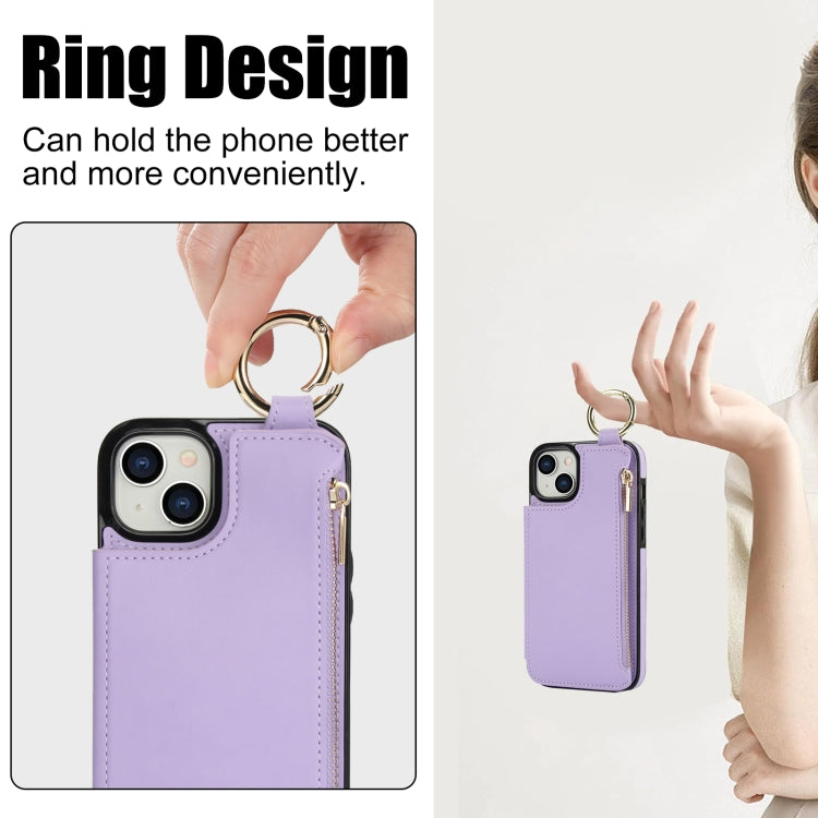 For iPhone 15 RFlD Anti-theft Double Buckle Ring Zipper Card Phone Case(Purple) - iPhone 15 Cases by buy2fix | Online Shopping UK | buy2fix