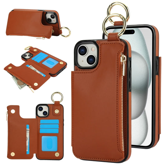 For iPhone 15 RFlD Anti-theft Double Buckle Ring Zipper Card Phone Case(Brown) - iPhone 15 Cases by buy2fix | Online Shopping UK | buy2fix