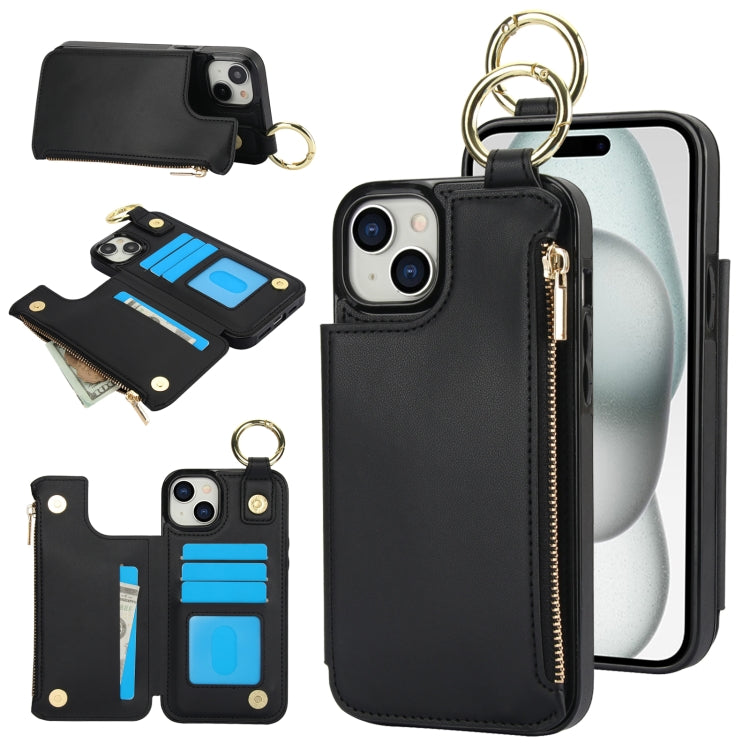 For iPhone 14 / 13 RFlD Anti-theft Double Buckle Ring Zipper Card Phone Case(Black) - iPhone 14 Cases by buy2fix | Online Shopping UK | buy2fix