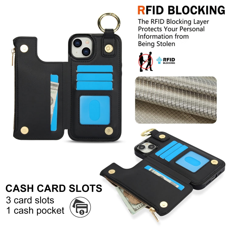 For iPhone 14 / 13 RFlD Anti-theft Double Buckle Ring Zipper Card Phone Case(Black) - iPhone 14 Cases by buy2fix | Online Shopping UK | buy2fix