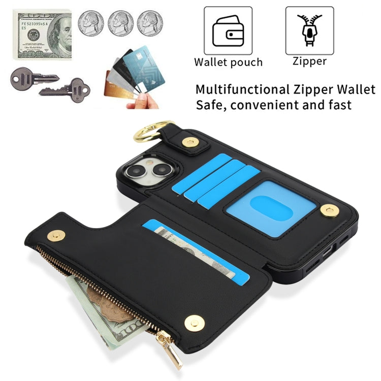 For iPhone 14 / 13 RFlD Anti-theft Double Buckle Ring Zipper Card Phone Case(Black) - iPhone 14 Cases by buy2fix | Online Shopping UK | buy2fix