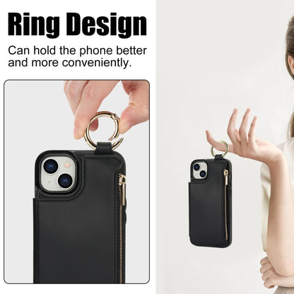 For iPhone 14 / 13 RFlD Anti-theft Double Buckle Ring Zipper Card Phone Case(Black) - iPhone 14 Cases by buy2fix | Online Shopping UK | buy2fix