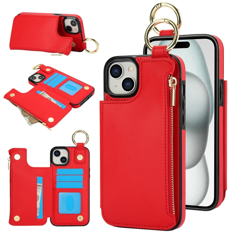 For iPhone 14 / 13 RFlD Anti-theft Double Buckle Ring Zipper Card Phone Case(Red) - iPhone 14 Cases by buy2fix | Online Shopping UK | buy2fix