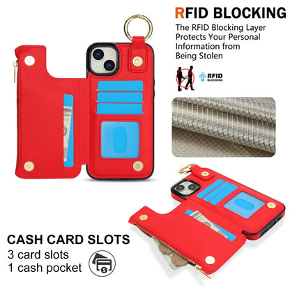 For iPhone 14 / 13 RFlD Anti-theft Double Buckle Ring Zipper Card Phone Case(Red) - iPhone 14 Cases by buy2fix | Online Shopping UK | buy2fix