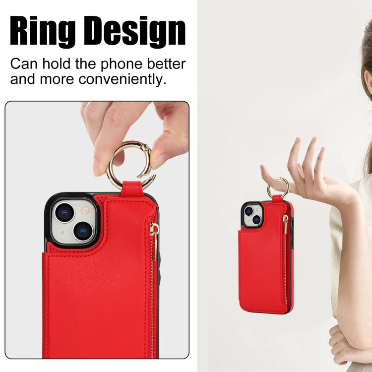 For iPhone 14 / 13 RFlD Anti-theft Double Buckle Ring Zipper Card Phone Case(Red) - iPhone 14 Cases by buy2fix | Online Shopping UK | buy2fix
