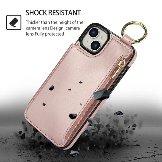 For iPhone 14 / 13 RFlD Anti-theft Double Buckle Ring Zipper Card Phone Case(Rose Gold) - iPhone 14 Cases by buy2fix | Online Shopping UK | buy2fix