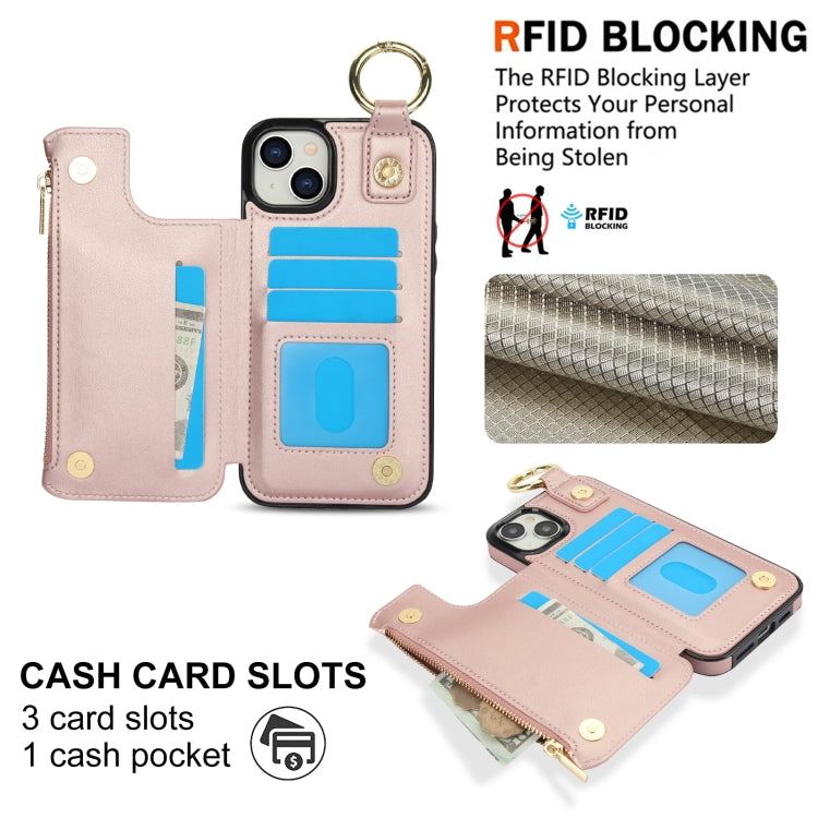 For iPhone 14 / 13 RFlD Anti-theft Double Buckle Ring Zipper Card Phone Case(Rose Gold) - iPhone 14 Cases by buy2fix | Online Shopping UK | buy2fix