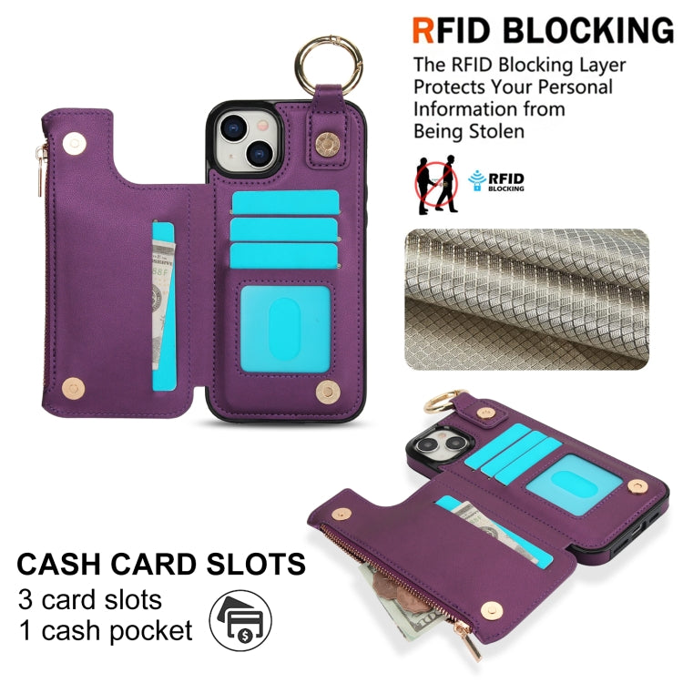 For iPhone 14 / 13 RFlD Anti-theft Double Buckle Ring Zipper Card Phone Case(Dark Purple) - iPhone 14 Cases by buy2fix | Online Shopping UK | buy2fix
