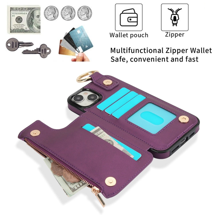 For iPhone 14 / 13 RFlD Anti-theft Double Buckle Ring Zipper Card Phone Case(Dark Purple) - iPhone 14 Cases by buy2fix | Online Shopping UK | buy2fix