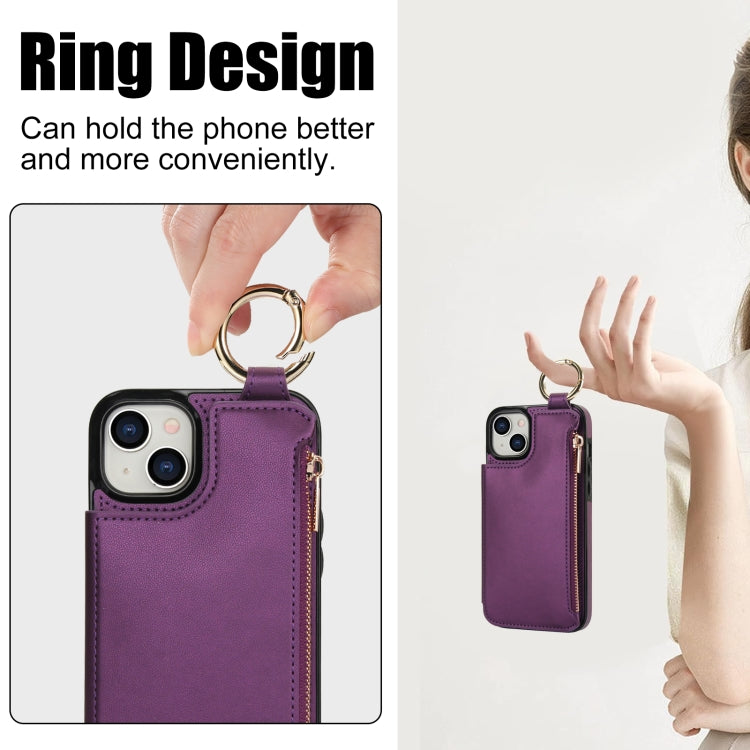 For iPhone 14 / 13 RFlD Anti-theft Double Buckle Ring Zipper Card Phone Case(Dark Purple) - iPhone 14 Cases by buy2fix | Online Shopping UK | buy2fix