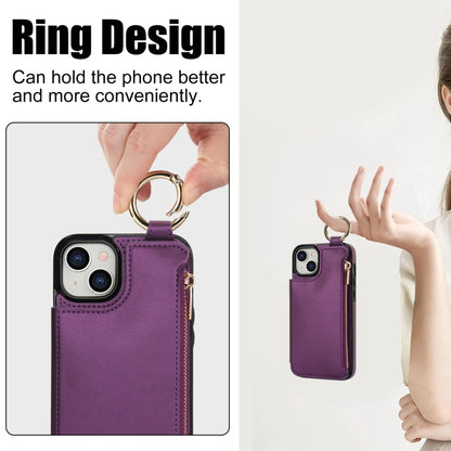 For iPhone 14 / 13 RFlD Anti-theft Double Buckle Ring Zipper Card Phone Case(Dark Purple) - iPhone 14 Cases by buy2fix | Online Shopping UK | buy2fix