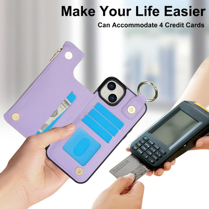 For iPhone 14 / 13 RFlD Anti-theft Double Buckle Ring Zipper Card Phone Case(Purple) - iPhone 14 Cases by buy2fix | Online Shopping UK | buy2fix