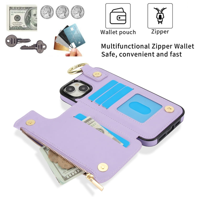 For iPhone 14 / 13 RFlD Anti-theft Double Buckle Ring Zipper Card Phone Case(Purple) - iPhone 14 Cases by buy2fix | Online Shopping UK | buy2fix