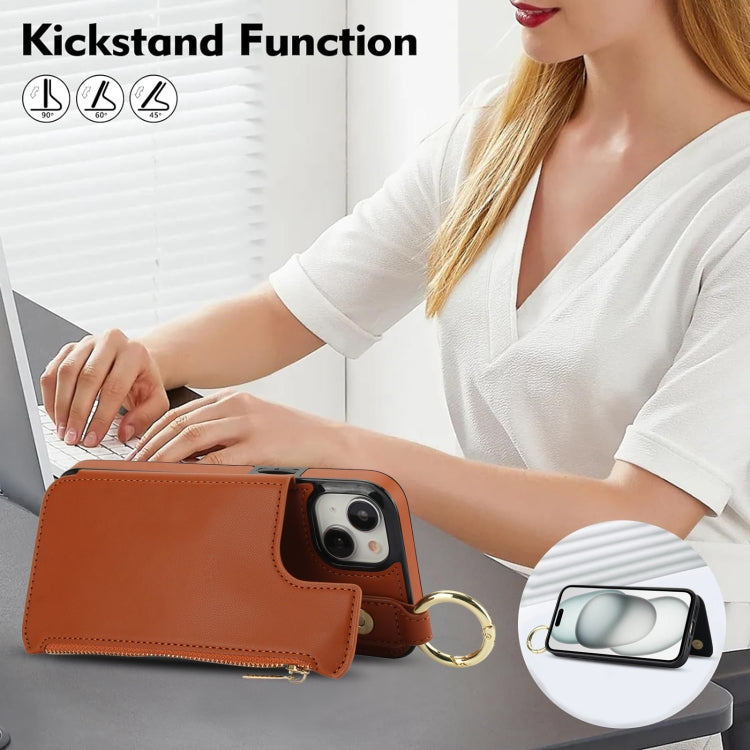 For iPhone 14 / 13 RFlD Anti-theft Double Buckle Ring Zipper Card Phone Case(Brown) - iPhone 14 Cases by buy2fix | Online Shopping UK | buy2fix