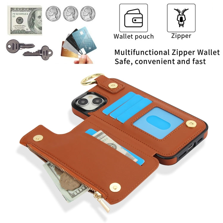 For iPhone 14 / 13 RFlD Anti-theft Double Buckle Ring Zipper Card Phone Case(Brown) - iPhone 14 Cases by buy2fix | Online Shopping UK | buy2fix