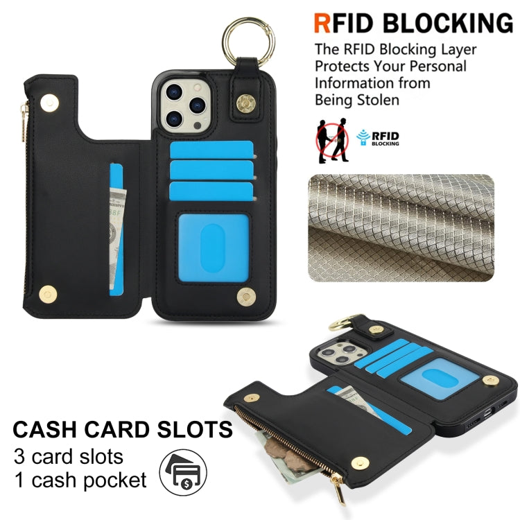 For iPhone 12 Pro Max RFlD Anti-theft Double Buckle Ring Zipper Card Phone Case(Black) - iPhone 12 Pro Max Cases by buy2fix | Online Shopping UK | buy2fix