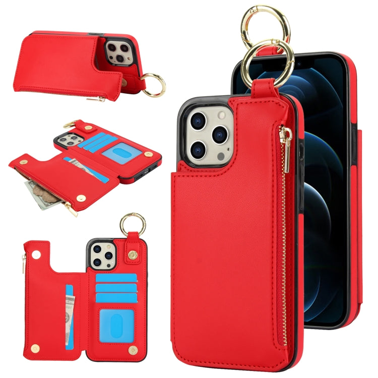 For iPhone 12 Pro Max RFlD Anti-theft Double Buckle Ring Zipper Card Phone Case(Red) - iPhone 12 Pro Max Cases by buy2fix | Online Shopping UK | buy2fix