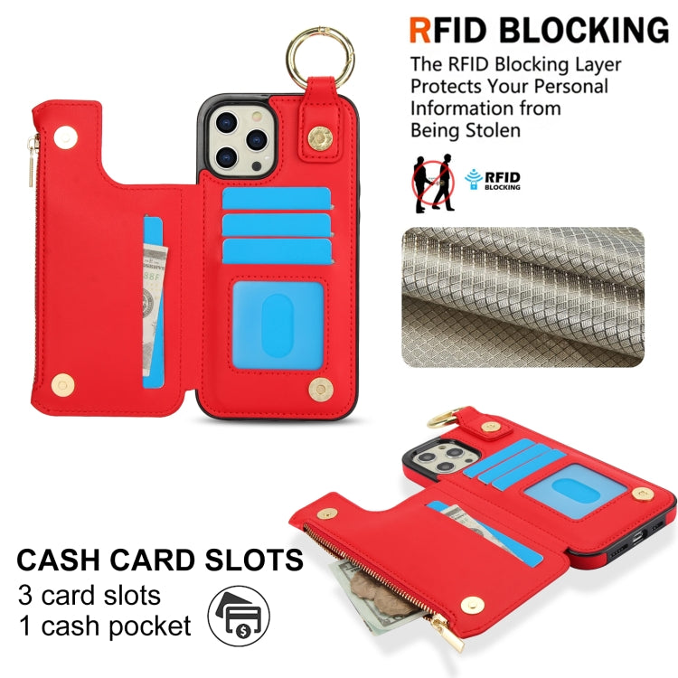 For iPhone 12 Pro Max RFlD Anti-theft Double Buckle Ring Zipper Card Phone Case(Red) - iPhone 12 Pro Max Cases by buy2fix | Online Shopping UK | buy2fix