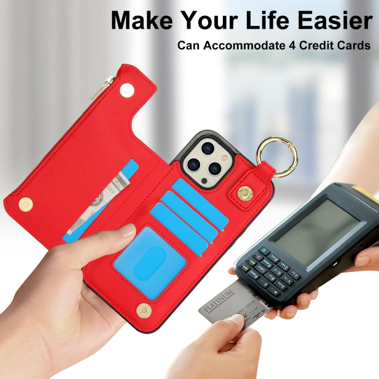 For iPhone 12 Pro Max RFlD Anti-theft Double Buckle Ring Zipper Card Phone Case(Red) - iPhone 12 Pro Max Cases by buy2fix | Online Shopping UK | buy2fix