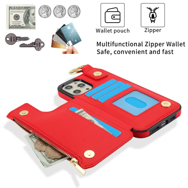 For iPhone 12 Pro Max RFlD Anti-theft Double Buckle Ring Zipper Card Phone Case(Red) - iPhone 12 Pro Max Cases by buy2fix | Online Shopping UK | buy2fix