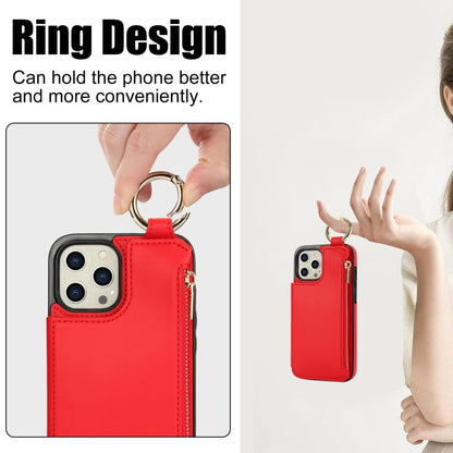 For iPhone 12 Pro Max RFlD Anti-theft Double Buckle Ring Zipper Card Phone Case(Red) - iPhone 12 Pro Max Cases by buy2fix | Online Shopping UK | buy2fix