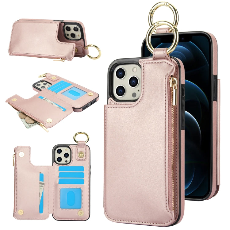 For iPhone 12 Pro Max RFlD Anti-theft Double Buckle Ring Zipper Card Phone Case(Rose Gold) - iPhone 12 Pro Max Cases by buy2fix | Online Shopping UK | buy2fix