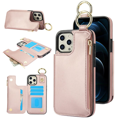 For iPhone 12 Pro Max RFlD Anti-theft Double Buckle Ring Zipper Card Phone Case(Rose Gold) - iPhone 12 Pro Max Cases by buy2fix | Online Shopping UK | buy2fix