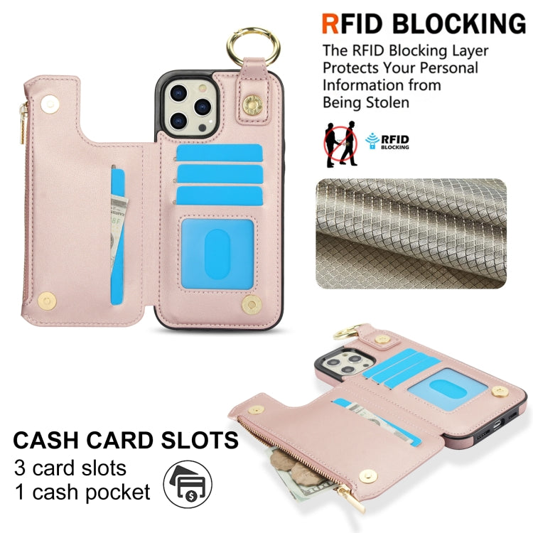 For iPhone 12 Pro Max RFlD Anti-theft Double Buckle Ring Zipper Card Phone Case(Rose Gold) - iPhone 12 Pro Max Cases by buy2fix | Online Shopping UK | buy2fix