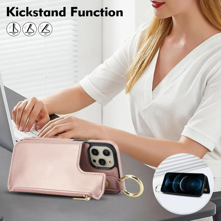 For iPhone 12 Pro Max RFlD Anti-theft Double Buckle Ring Zipper Card Phone Case(Rose Gold) - iPhone 12 Pro Max Cases by buy2fix | Online Shopping UK | buy2fix