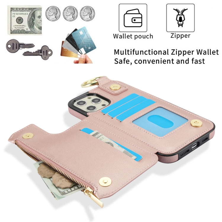 For iPhone 12 Pro Max RFlD Anti-theft Double Buckle Ring Zipper Card Phone Case(Rose Gold) - iPhone 12 Pro Max Cases by buy2fix | Online Shopping UK | buy2fix