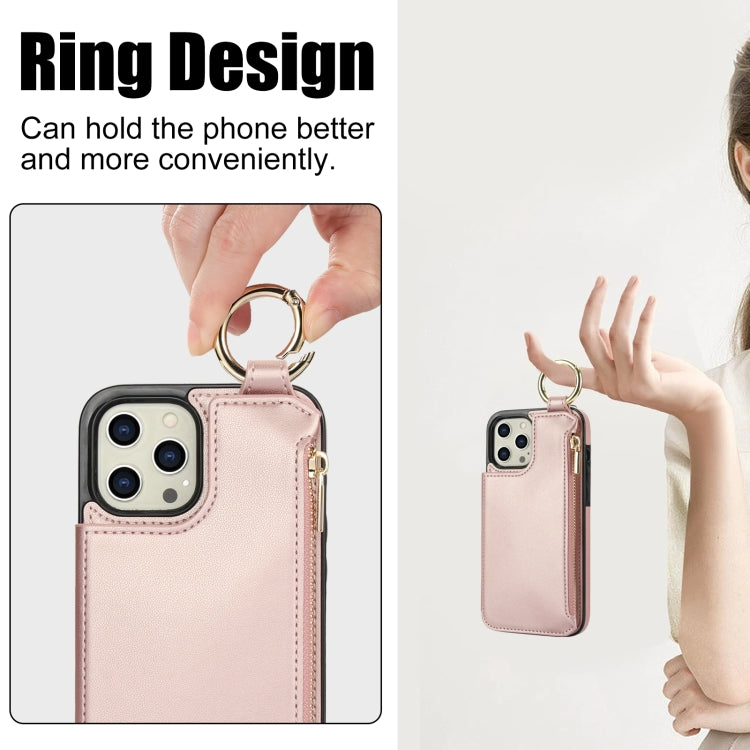For iPhone 12 Pro Max RFlD Anti-theft Double Buckle Ring Zipper Card Phone Case(Rose Gold) - iPhone 12 Pro Max Cases by buy2fix | Online Shopping UK | buy2fix