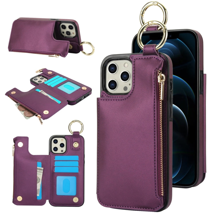 For iPhone 12 Pro Max RFlD Anti-theft Double Buckle Ring Zipper Card Phone Case(Dark Purple) - iPhone 12 Pro Max Cases by buy2fix | Online Shopping UK | buy2fix