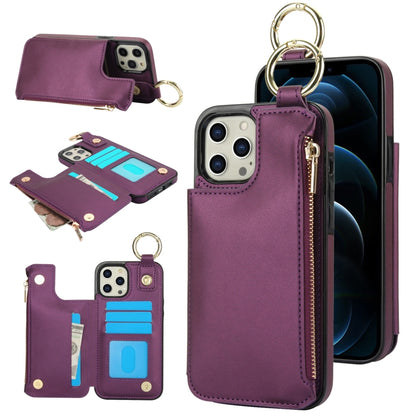 For iPhone 12 Pro Max RFlD Anti-theft Double Buckle Ring Zipper Card Phone Case(Dark Purple) - iPhone 12 Pro Max Cases by buy2fix | Online Shopping UK | buy2fix