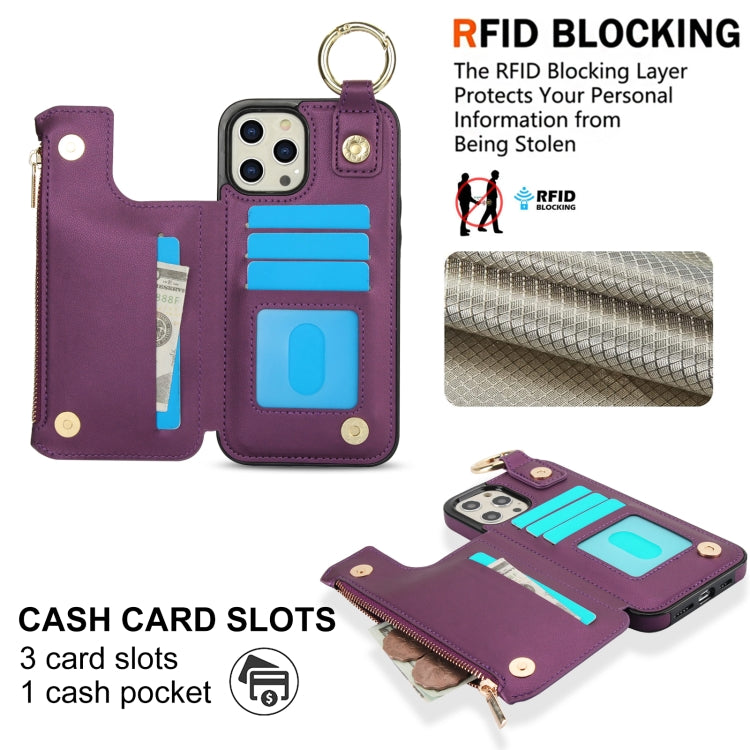For iPhone 12 Pro Max RFlD Anti-theft Double Buckle Ring Zipper Card Phone Case(Dark Purple) - iPhone 12 Pro Max Cases by buy2fix | Online Shopping UK | buy2fix