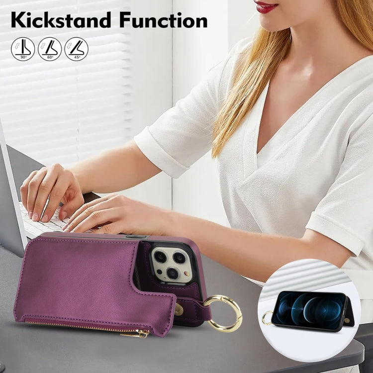 For iPhone 12 Pro Max RFlD Anti-theft Double Buckle Ring Zipper Card Phone Case(Dark Purple) - iPhone 12 Pro Max Cases by buy2fix | Online Shopping UK | buy2fix