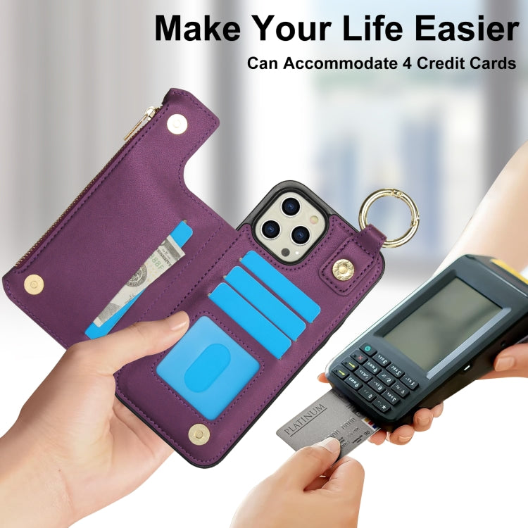 For iPhone 12 Pro Max RFlD Anti-theft Double Buckle Ring Zipper Card Phone Case(Dark Purple) - iPhone 12 Pro Max Cases by buy2fix | Online Shopping UK | buy2fix