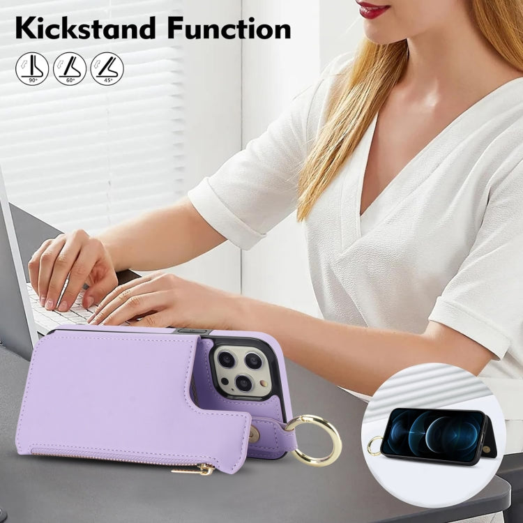 For iPhone 12 Pro Max RFlD Anti-theft Double Buckle Ring Zipper Card Phone Case(Purple) - iPhone 12 Pro Max Cases by buy2fix | Online Shopping UK | buy2fix