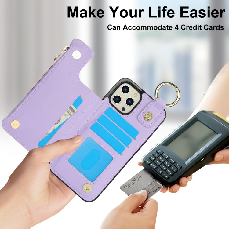 For iPhone 12 Pro Max RFlD Anti-theft Double Buckle Ring Zipper Card Phone Case(Purple) - iPhone 12 Pro Max Cases by buy2fix | Online Shopping UK | buy2fix