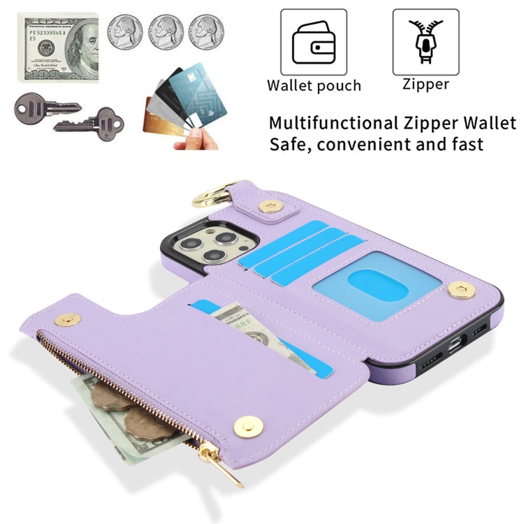 For iPhone 12 Pro Max RFlD Anti-theft Double Buckle Ring Zipper Card Phone Case(Purple) - iPhone 12 Pro Max Cases by buy2fix | Online Shopping UK | buy2fix