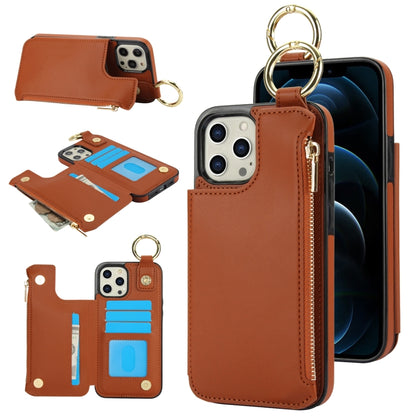 For iPhone 12 Pro Max RFlD Anti-theft Double Buckle Ring Zipper Card Phone Case(Brown) - iPhone 12 Pro Max Cases by buy2fix | Online Shopping UK | buy2fix