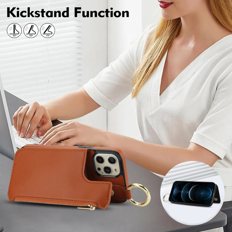 For iPhone 12 Pro Max RFlD Anti-theft Double Buckle Ring Zipper Card Phone Case(Brown) - iPhone 12 Pro Max Cases by buy2fix | Online Shopping UK | buy2fix