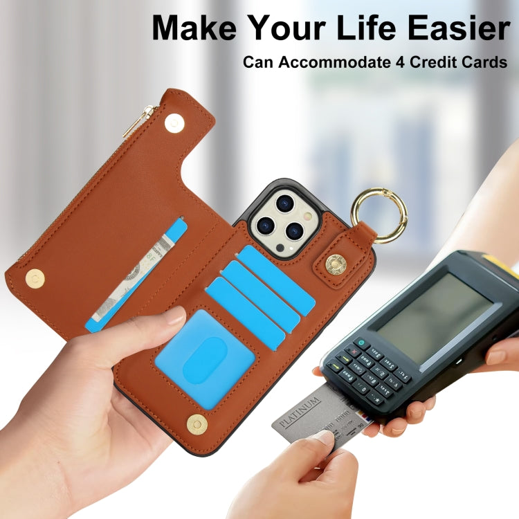 For iPhone 12 Pro Max RFlD Anti-theft Double Buckle Ring Zipper Card Phone Case(Brown) - iPhone 12 Pro Max Cases by buy2fix | Online Shopping UK | buy2fix