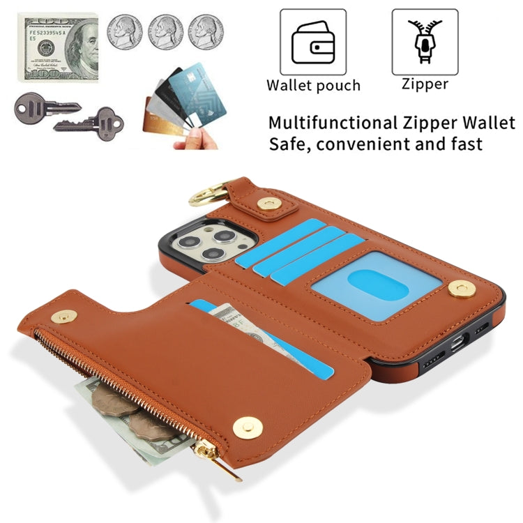 For iPhone 12 Pro Max RFlD Anti-theft Double Buckle Ring Zipper Card Phone Case(Brown) - iPhone 12 Pro Max Cases by buy2fix | Online Shopping UK | buy2fix