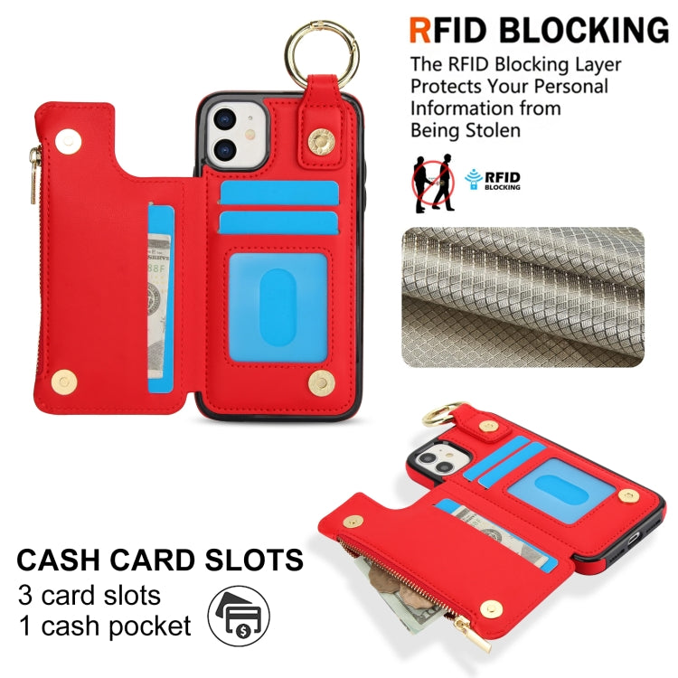For iPhone 11 RFlD Anti-theft Double Buckle Ring Zipper Card Phone Case(Red) - iPhone 11 Cases by buy2fix | Online Shopping UK | buy2fix