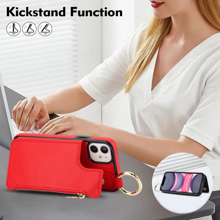 For iPhone 11 RFlD Anti-theft Double Buckle Ring Zipper Card Phone Case(Red) - iPhone 11 Cases by buy2fix | Online Shopping UK | buy2fix