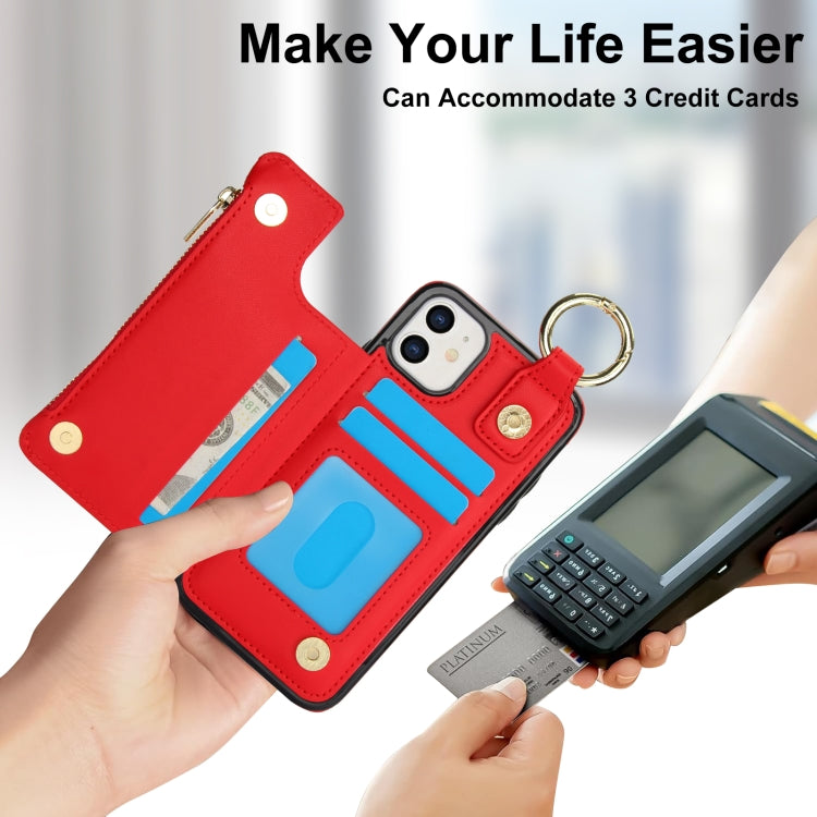 For iPhone 11 RFlD Anti-theft Double Buckle Ring Zipper Card Phone Case(Red) - iPhone 11 Cases by buy2fix | Online Shopping UK | buy2fix